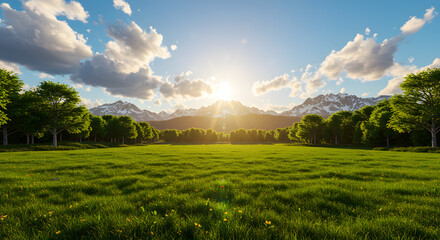 Naklejka premium Verdant Meadow Surrounded by Short Trees and Towering Peaks Under Clear Skies 