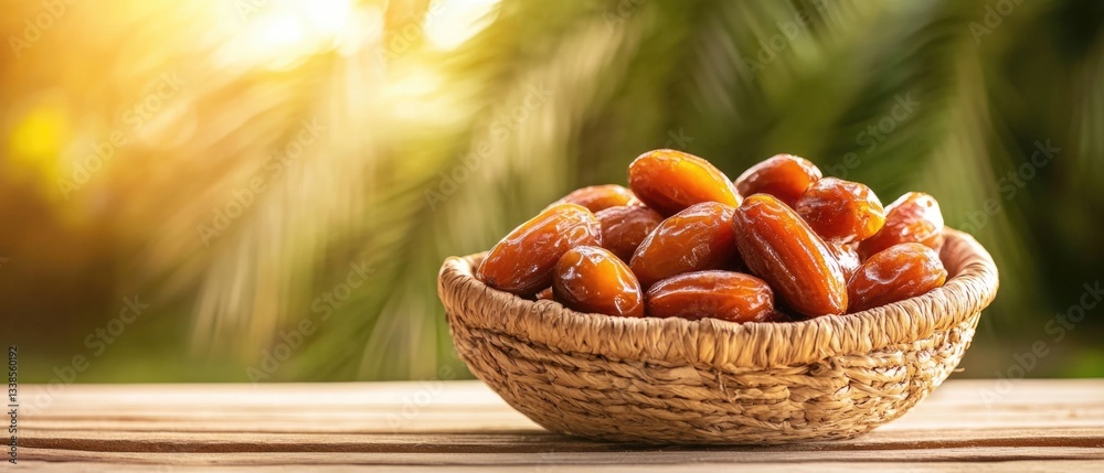 Poster a basket filled with fresh dates sitting on a wooden table, ideal for decorating or using as a prop