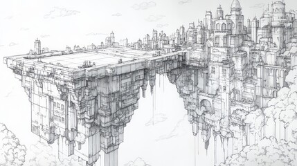 Obraz premium Intricate sketch of a city atop connected floating platforms