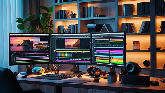 Professional Video Editing Workstation with Triple Monitors, Editing Software, and Studio Headphones in a Cozy Office

