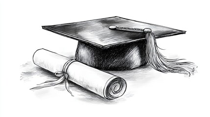 Vintage sketch engraving of graduation cap and diploma scroll in hand drawn monochrome style