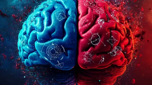 A visually striking dual-colored brain representing creativity and logic.