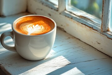 窓際のテーブルの上に置かれたコーヒー
