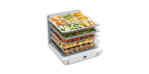 Food Dehydrator With Multiple Trays Of Fresh Vegetables And Snacks. Healthy Food Preservation Isolated On Transparent Background