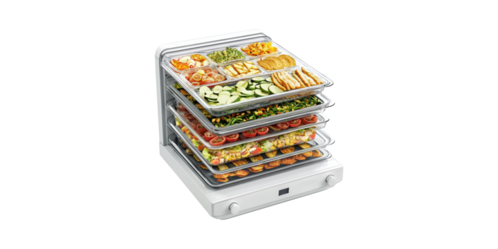 Food Dehydrator With Multiple Trays Of Fresh Vegetables And Snacks. Healthy Food Preservation Isolated On Transparent Background