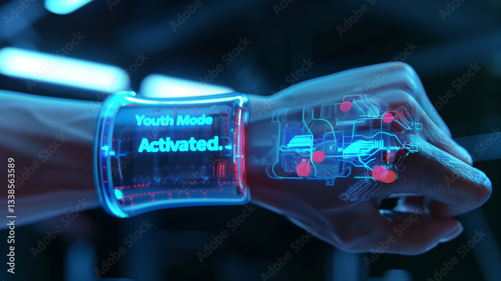 Poster this hand displays a futuristic device that activates youth-enhancing genetic modifications.