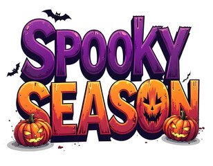 Purple scary Spooky Season lettering with pumpkin and bats, Halloween background with pumpkins, Halloween text wording design art illustration