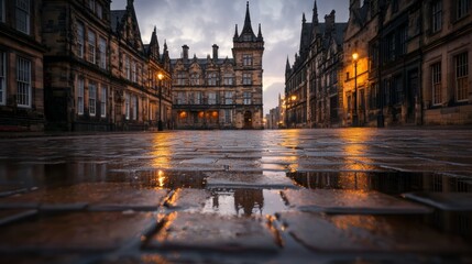 Fototapeta premium Moody Blue Hour Shot of Rain Falling on Wet Cobblestones in Historic Urban Setting