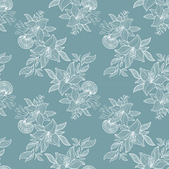 Elegant Floral Seamless Pattern on Muted Blue Background