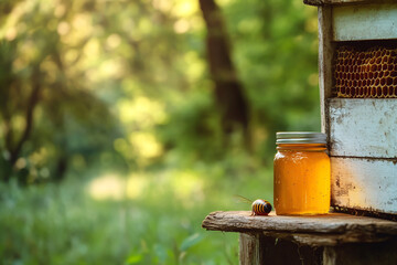A jar of honey is placed on the edge of an old wooden beehive, against the backdrop of a green forest.