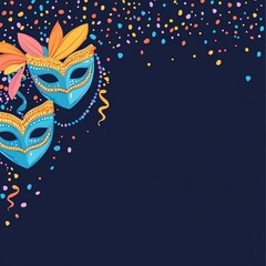 Obraz premium Vibrant carnival masks with colorful feathers and festive confetti, perfect for celebrating tradition and joy during cultural festivities.