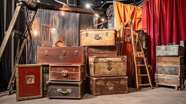 Vintage suitcases stacked in a theatrical or circus setting.