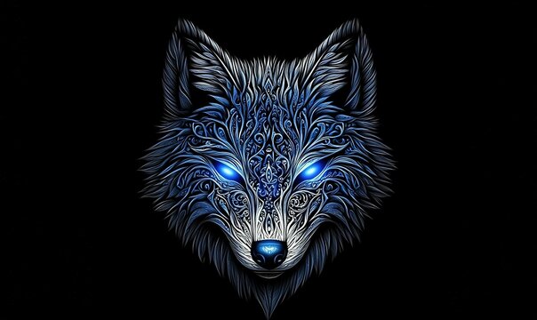 Stunning wolf illustration featuring intricate blue and silver patterns on a contrasting black background. Fierce, mesmerizing eyes