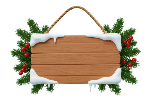 A 3D illustration of a wooden hanging sign with a blank surface covered in white snow isolated on transparent background