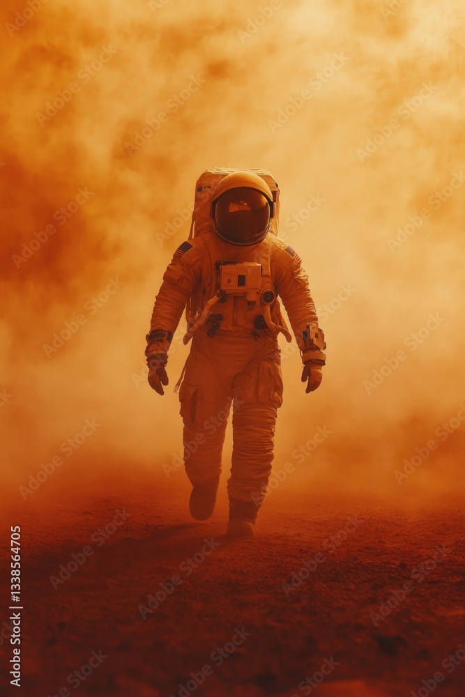 Poster astronaut in space suit walks through dusty terrain, perfect for sci-fi or futuristic concepts