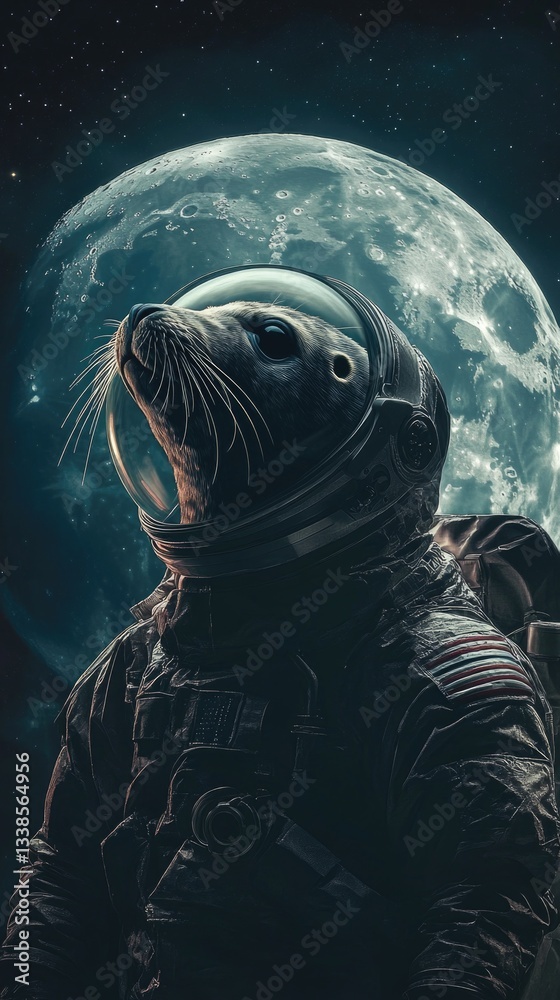 Poster a seal in a space suit with a full moon in the background, great for sci-fi or futuristic themes