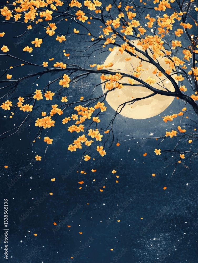 Poster A serene scene with a full moon shining through the branches of a tree, perfect for use as a background or in a nature-inspired design