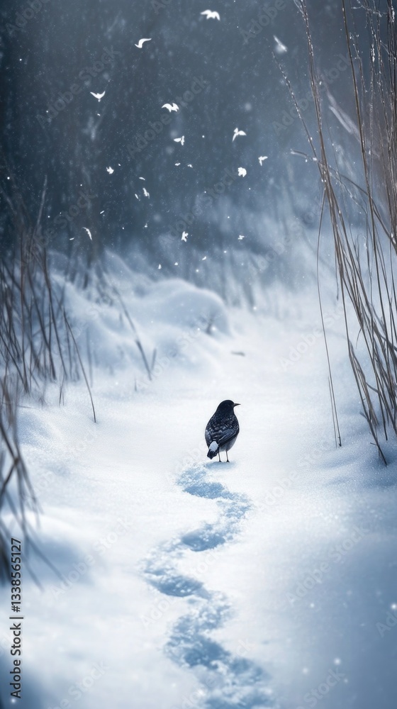Poster a small bird stands in the snow, its feathers fluffed up for warmth