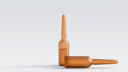 A 3d rendering of amber glass ampules against a light, neutral background. these used for pharmaceutical packaging as it provides protection against UV light.
