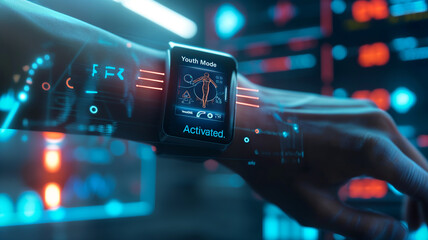 This futuristic smartwatch shows youth enhancements via genetic tweaks and bioengineering.