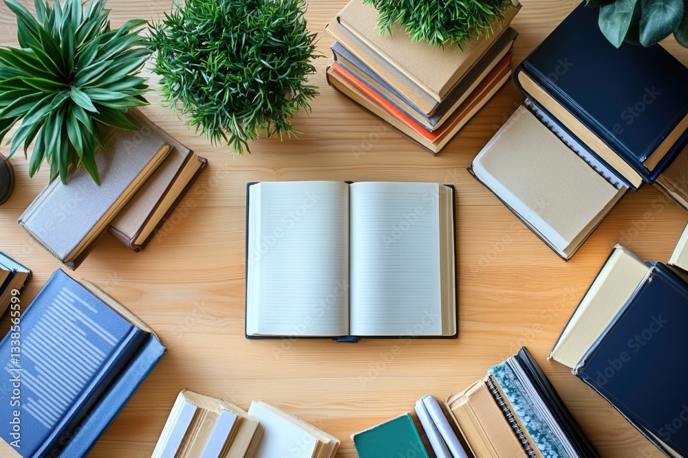Poster a wooden table covered with a pile of books, perfect for studying or reading