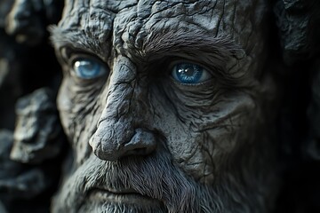 A Weathered Ancient Face, Eyes Of Glacial Blue, Gazing With Centuries Of Wisdom Etched In Stone-like Skin Dramatic Chiaroscuro Lighting