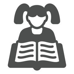Child girl with book solid icon, children book holiday concept. Vector graphics. Kid and opened textbook sign on white background, glyph style icon for mobile or web design.