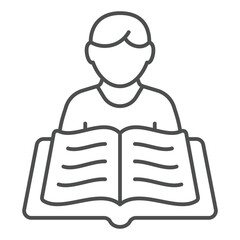 Child boy with book thin line icon, children book holiday concept. Vector graphics. Kid and opened textbook sign on white background, outline style icon for mobile or web design.