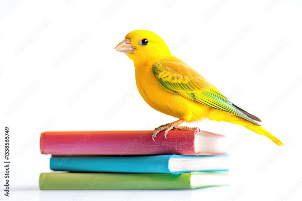 Poster a bright yellow bird sits atop a pile of books, highlighting the importance of reading and learning