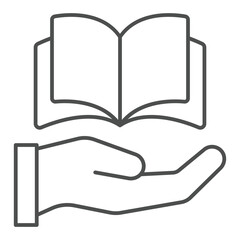 Book with hand palm thin line icon, translate worker holiday concept. Vector graphics. Opened textbook and hand sign on white background, outline style icon for mobile or web design.