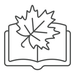 Maple tree leaf at book thin line icon, autumn reading concept. Vector graphics. Opened textbook and dry leaf shape sign on white background, outline style icon for mobile or web design.
