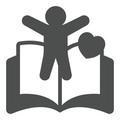 Child boy with heart at book solid icon, children book holiday concept. Vector graphics. Human kid and opened textbook sign on white background, glyph style icon for mobile or web design.