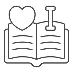 Obraz premium I love read at opened book thin line icon, reading book online concept. Vector graphics. Favorite textbook with heart shape sign on white background, outline style icon for mobile or web design.