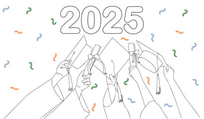 Concept of graduation, class of 2025. Hands of graduates holding a diploma and academic gown. 