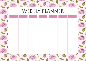 Weekly planner with trendy floral pattern. garden pink roses, spring flowers and leaves background for notes. Cute school planner is for 7 days. Kids schedule design template. Vector flat illustration