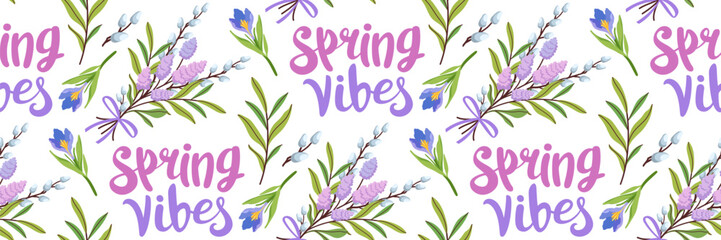 Spring vibes seamless pattern. Delicate floral background. Bouquet of seasonal flowers, willow branches, crocuses and lilac. For wallpaper, textiles, wrapping paper, postcards. Vector illustration.