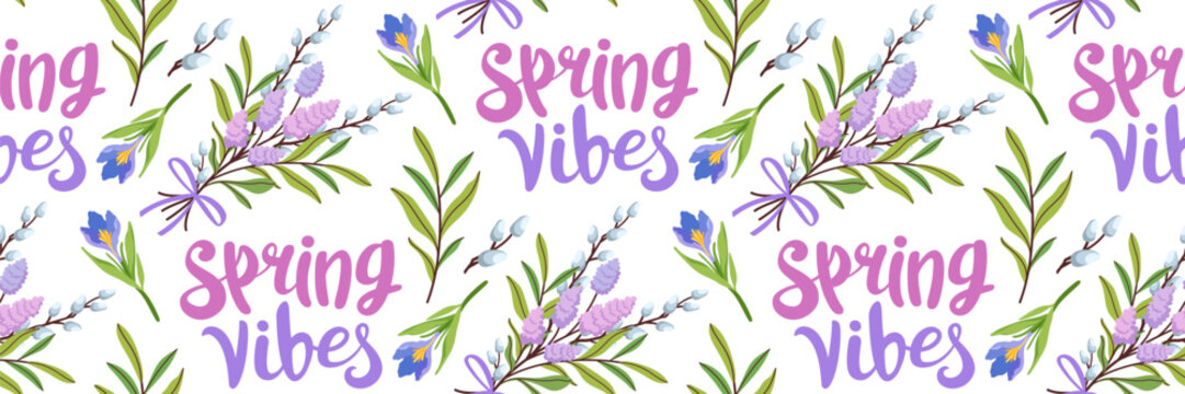 Spring vibes seamless pattern. Delicate floral background. Bouquet of seasonal flowers, willow branches, crocuses and lilac. For wallpaper, textiles, wrapping paper, postcards. Vector illustration.