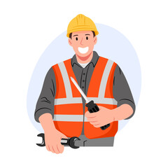 A vector illustration of an industrial engineer or worker holding wrench and screwdriver, depicting tools for technical tasks.