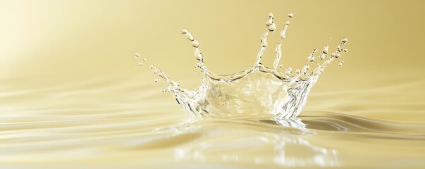 A crystal-clear water droplet splashing on a smooth, pale yellow surface