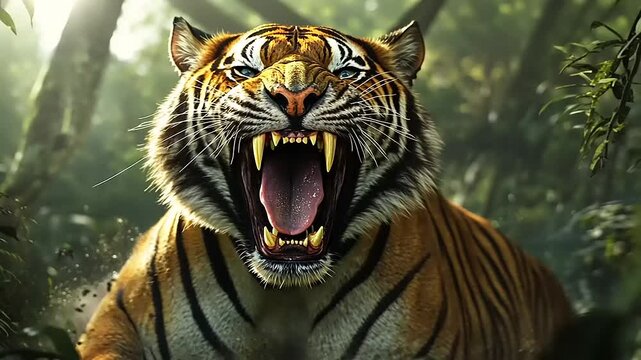 Majestic tiger roaring fiercely in a lush jungle, showcasing its power amidst vibrant greenery
