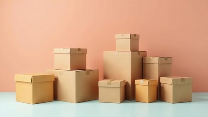 A Collection of Cardboard Boxes Arranged in a Stacked Formation Against a Soft Peach-Colored Background