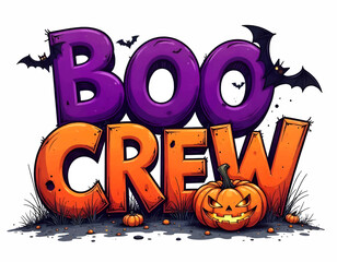 Boo Crew lettering, Purple scary Spooky lettering with pumpkin and bats, Halloween background with pumpkins, Halloween text wording design art illustration, happy halloween card
