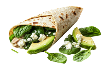 Healthy turkey and spinach wrap with whole wheat tortilla, avocado slices, and feta cheese, isolated on white