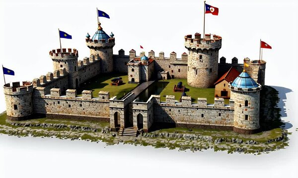 Detailed 3D Model of a Medieval Stone Fortress with Towers and Cannons on White Backgrounds