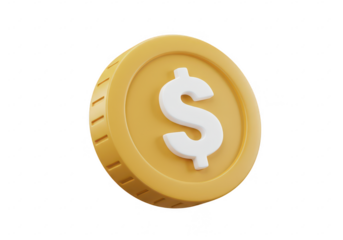 A 3D illustration of a round, golden coin with a raised white dollar sign isolated on transparent background