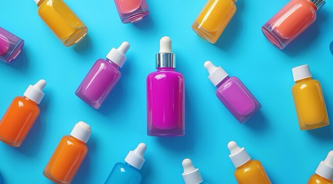 Banner per piccole bottiglie colorate con lozione cosmetica, posizionate con i tappi verso il centro attorno a una bottiglia pi&ugrave; grande, vista dall'alto. Sfondo azzurro