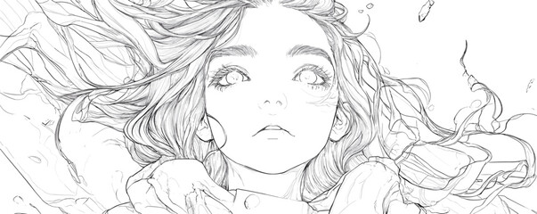Fototapeta premium Anime girl staring upward with flowing hair and bubbles in line art drawing.