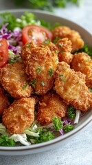 Golden crispy chicken bites served over a vibrant salad with fresh tomatoes and herbs in a ceramic bowl food photography