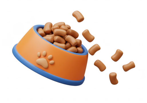 A 3D illustration of an orange pet food bowl isolated on transparent background - Powered by Adobe