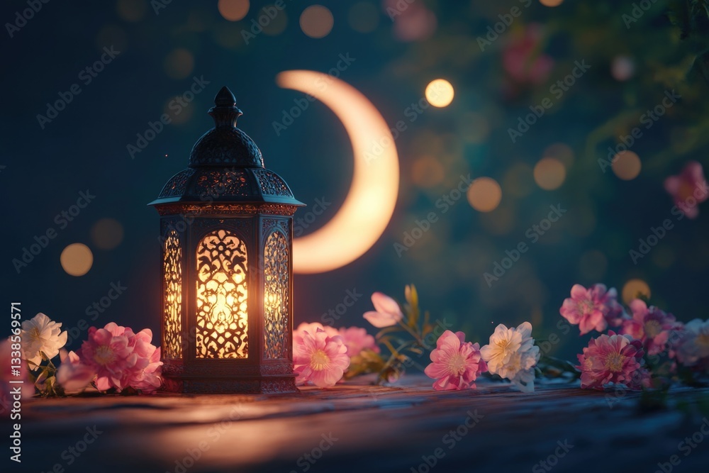 Aufkleber a lantern shines brightly with a crescent moon visible in the background, perfect for use in images 